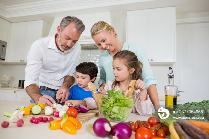 Parents assisting kids in chopping vegetable