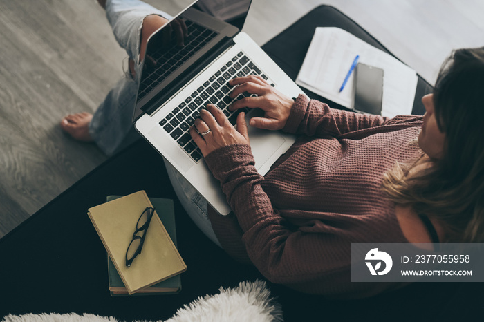 Young woman working on laptop at home. Female hands typing on pc keyboard. Tennager making an Internet video call with remote friends. Girl studying online. Technology, youth, teen, new life  concept