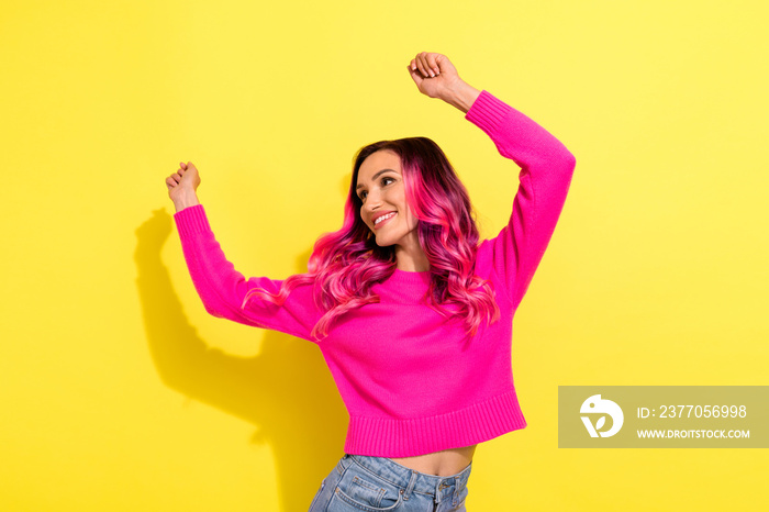 Photo of pretty charming girl dressed vibrant pullover having fun dancing isolated yellow color background