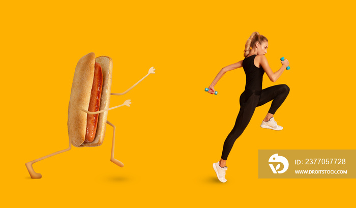 Fitness Lady Running Away From Hotdog Exercising Over Yellow Background