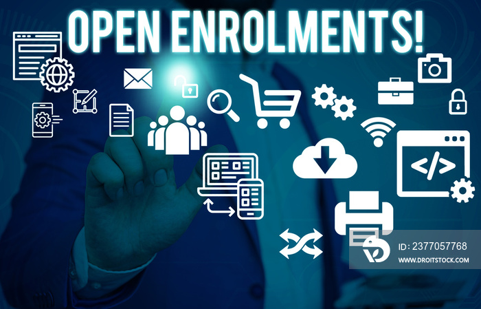 Conceptual hand writing showing Open Enrolments. Concept meaning when employees may make changes to elected fringe benefit Male human wear formal suit presenting using smart device