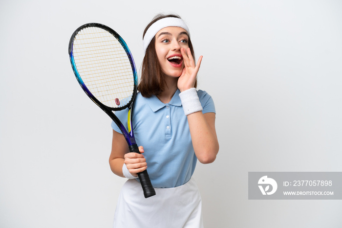 Young Ukrainian tennis player woman isolated on white background shouting with mouth wide open to the side