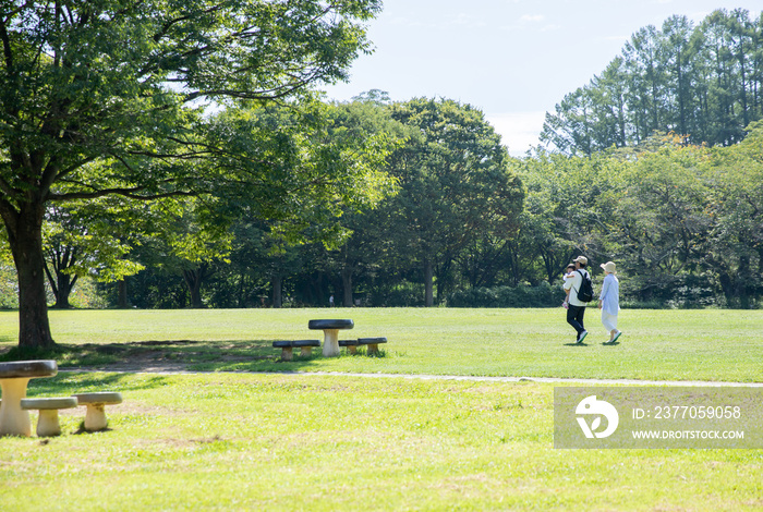 公園を歩く家族