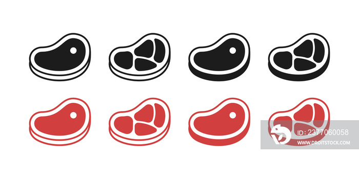 Steak meat icon. Grilled beef barbecue symbol set. Beefsteak raw and roasted flat collection.