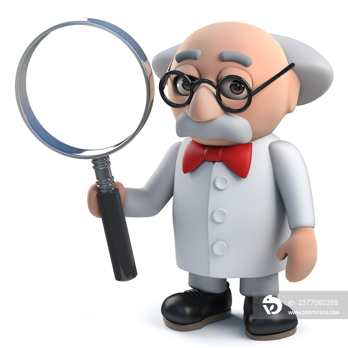 3d mad scientist character holding a magnifying glass