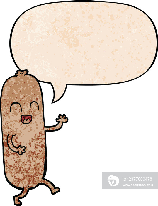 cartoon dancing sausage and speech bubble in retro texture style