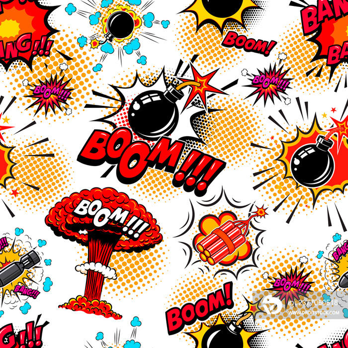 Seamless pattern with comic style bomb burst. Design element for poster, card, banner, t shirt.