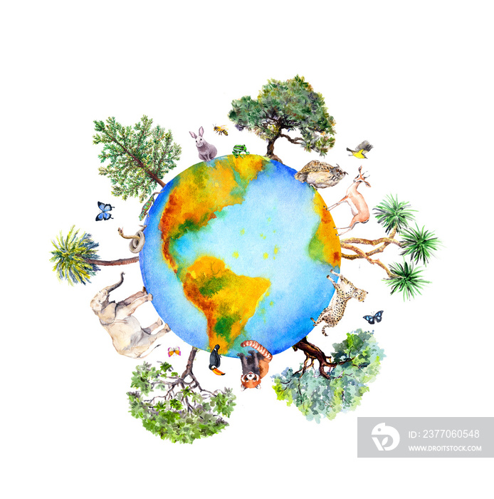 World globe with animals, birds, insects, green trees around. Earth planet with zoo, wildlife. Ecology watercolor