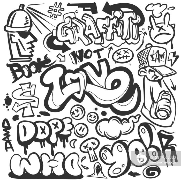 Background with a collection of graffiti drawings, Graffiti supplies and creative elements on a hand-drawn background. Illustration