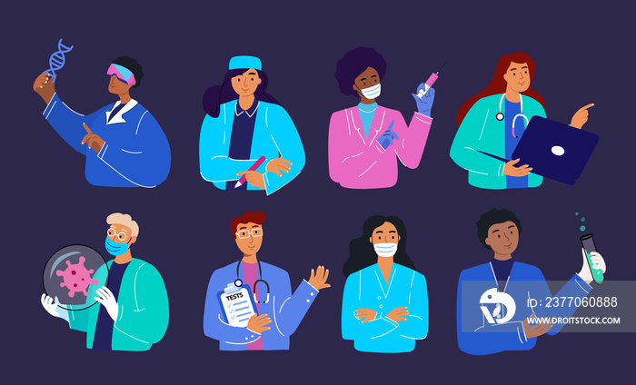 Bundle of friendly doctors wearing coat and scurbs.Set of portraits of male and female medical workers with laptop,vaccine,syringe,medics,paramedics-surgeons,physicians,nurses.Flat Vector illustration