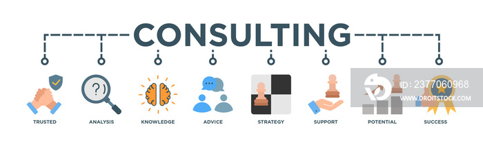 Consulting banner web icon vector illustration concept for business consultation with an icon of Trusted, Analysis, Knowledge, Advice,Strategy, Support, Potential, and Success