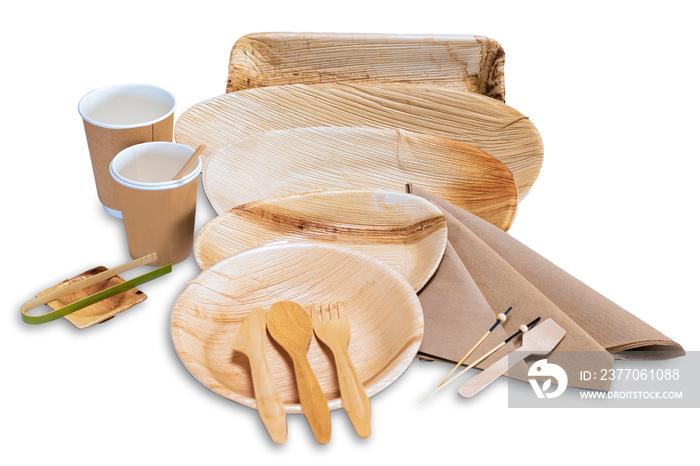 Set of wooden disposable tableware with plates and cutlery picnic