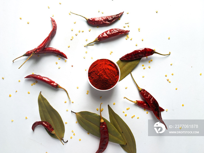 fresh red chilli powder and red chilli isolated stock image.