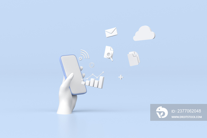 Illustration of smartphone with stock trading graph, growing strategy chart, cloud computing. 3d rendering.