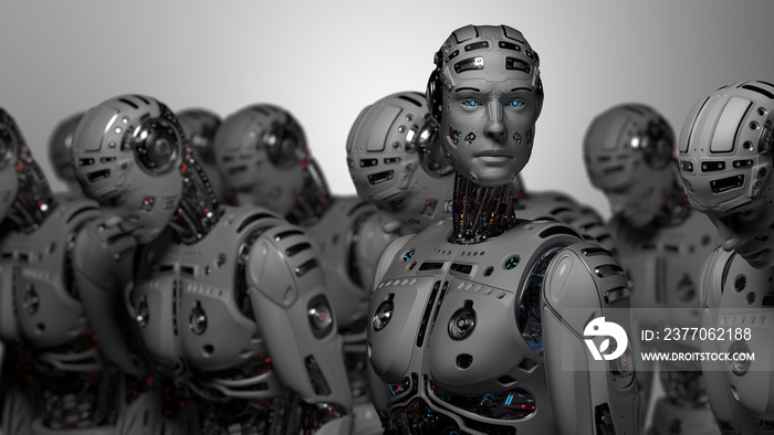 3D Render Futuristic Robot army or group of cyborgs on gray background