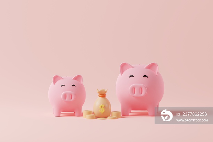 3D rendering two piggy bank family with money coins, bag. Family financial, Money savings, Investment concept