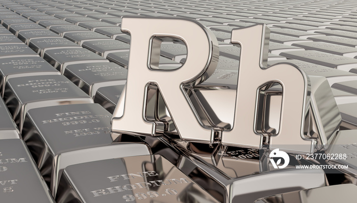 Rhodium ingots background with Rh symbol. 3D rendering