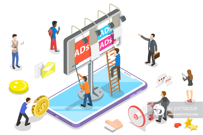 Flat isometric  concept of mobile advertising, social media campaign.