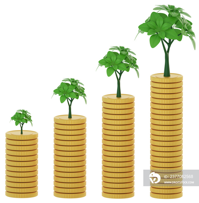 3d rendering green plant growing on stacks of coins upwards charts like.  Renewable energy-based green businesses concept.
