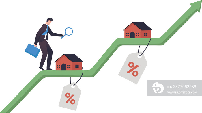 Investing, real estate, Investment Opportunity. Agent Portfolio, Real Estate Investor concept. Housing prices increase. A businessman walks on a green graph of rising house prices.