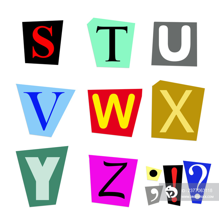 colorful alphabet cut out from magazine letters S to Z in high resolution