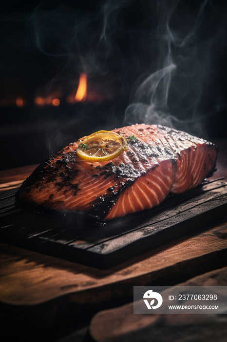 Salmon Grilled Steak on wooden board