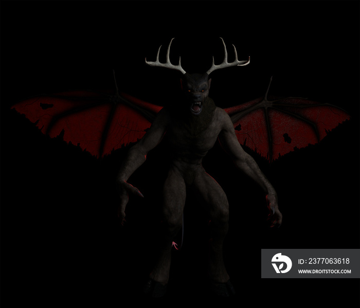 3d illustration of a horned winged demonic figure Jersey Devil creature