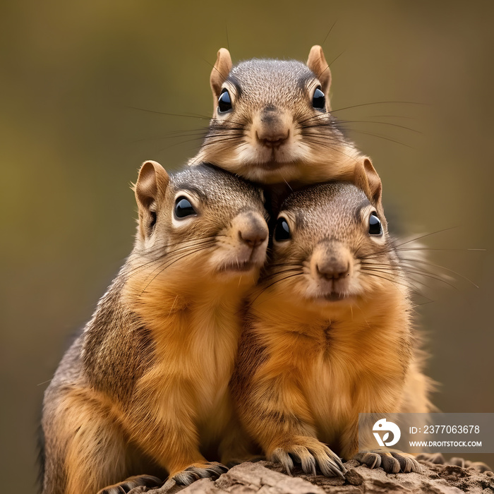 A family of curious squirrels together in a small group