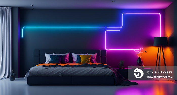 Photo of a modern bedroom with neon lights and a comfortable bed