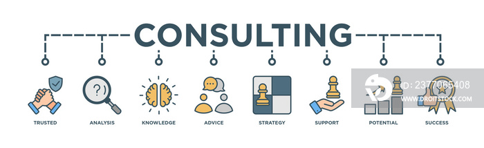 Consulting banner web icon vector illustration concept for business consultation with an icon of Trusted, Analysis, Knowledge, Advice,Strategy, Support, Potential, and Success