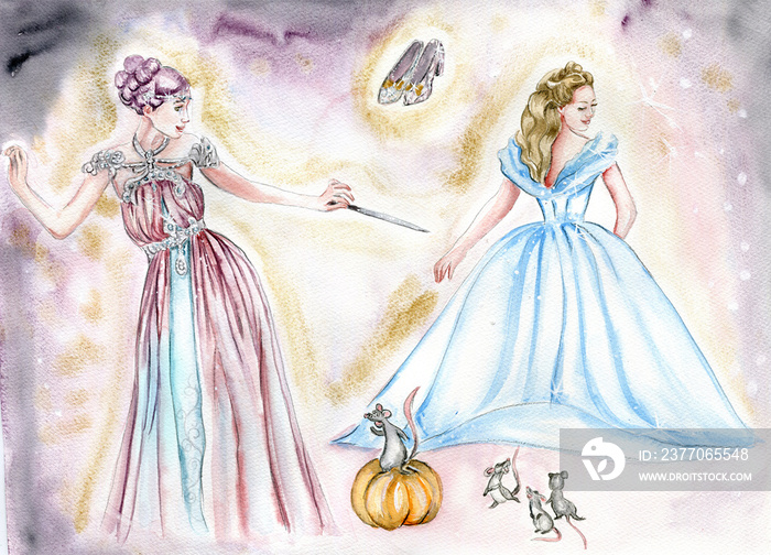 godmother with the help of a magic wand forms a dress for Cinderella