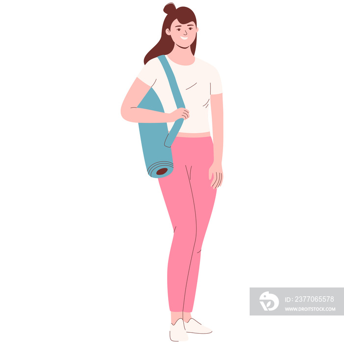 Full length woman in sportswear holding yoga mat, cartoon character