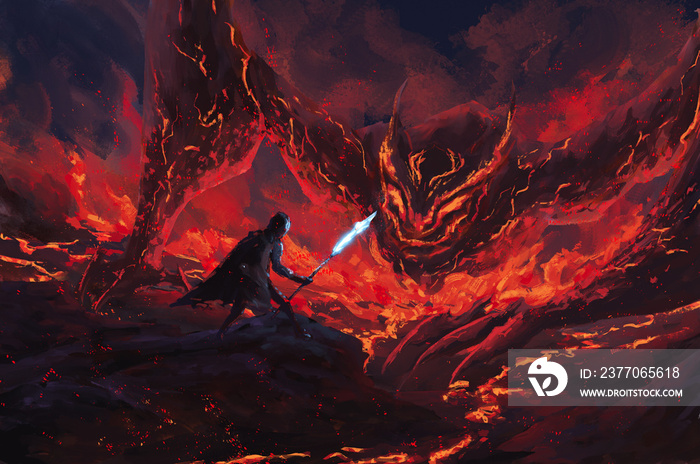 Warrior holding a frost spear standing confront lava dragon ,tale monster,creatures of myth and Legend ,digital art, Illustration painting.