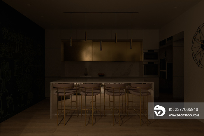 3D render of a kitchen with big cooking island and night lighting