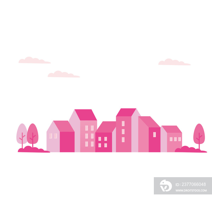 Spring landscape with pink houses illustration