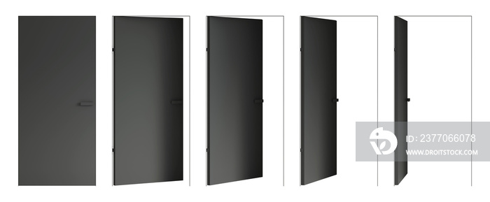 Set of five opening options of isolated invisible black swing doors with flush door jambs and hidden hinges. The door closed, the door opened 25°, 45°, 65°, and 85°. Front view. 3d render