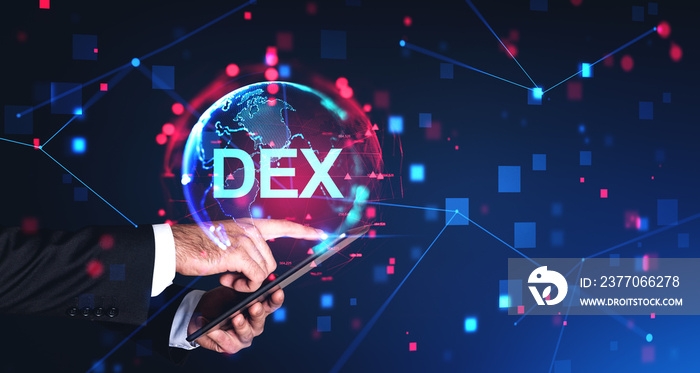 Businessman with tablet, DEX and earth globe hologram with blockchain