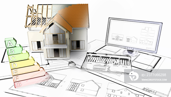 3D half built house on plans with half in sketch phase