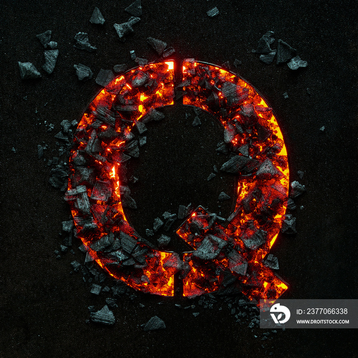 The burning capital letter Q on a black background is made of hot coals.