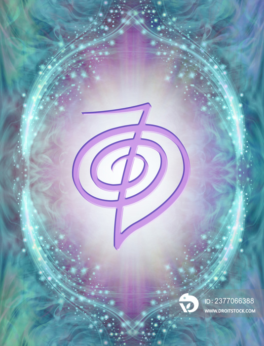 Reiki Symbol - Cho ku rei: The power symbol - an embossed lilac coloured Reiki Symbol against a sparkling jade border with pale lilac radiating light