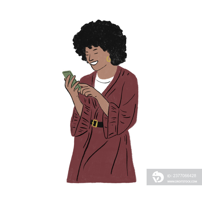 Black woman smile chat on phone People lifestyle social media Hand drawn color Illustration