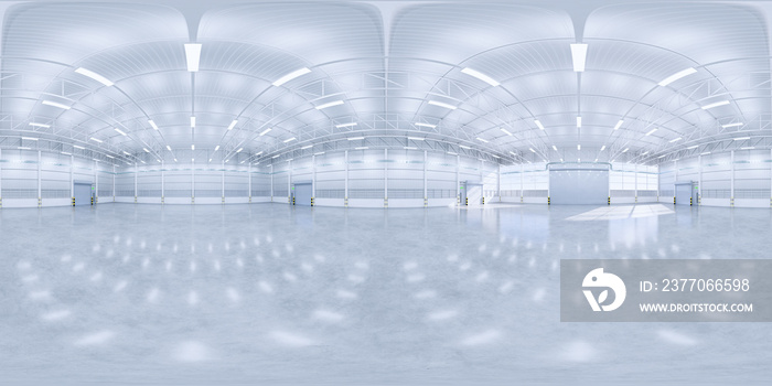 Hangar or industrial building. Protection with security door, roller door or roller shutter. Modern interior design with concrete floor and empty space for industry background. Panorama 3d rendering.