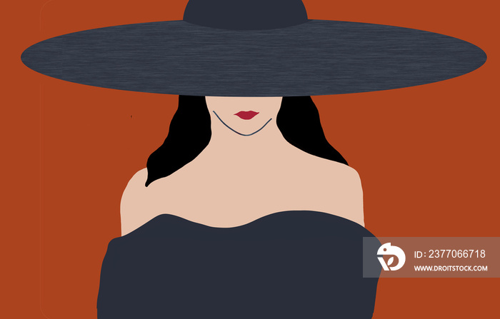 A woman in a fashionable dress and wide brim hat is seen in this illustration about modern fashion design.