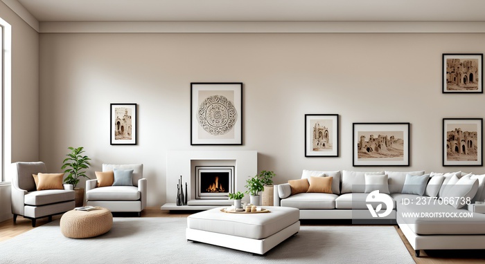 Photo of a cozy living room with a warm fireplace and comfortable furniture