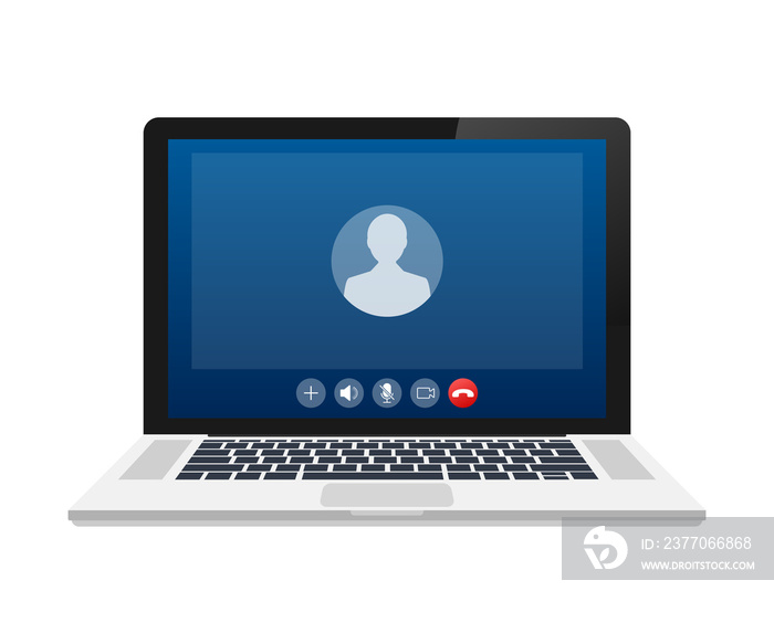 Incoming video call on laptop. Laptop with incoming call, man profile picture and accept decline buttons.  stock illustration