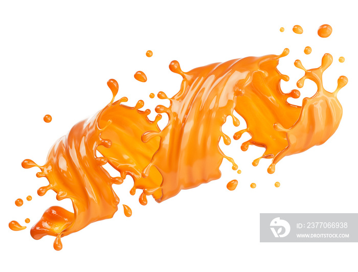 Caramel sauce, Liquid syrup splash, sugar candy caramel or melted toffee, 3d illustration.