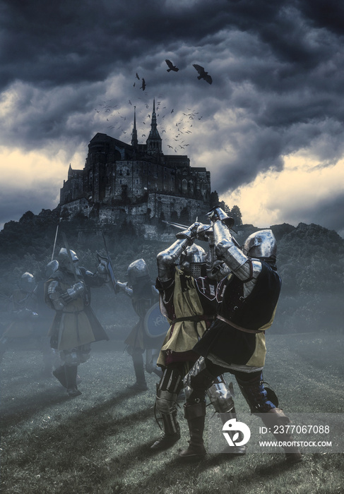 Fighting knights under a castle, photo manipulation