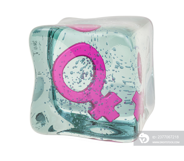 Female gender symbol frozen in ice cube, 3D rendering