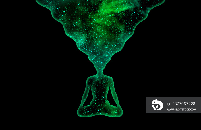 Starry green universe in a form of a woman in the lotus pose on a black background