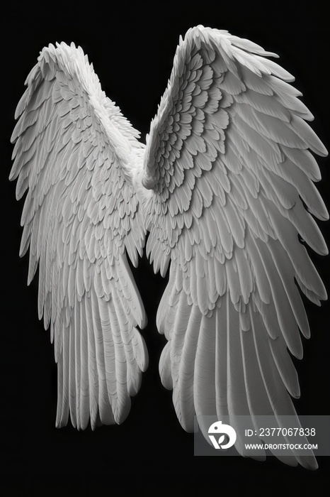 White angel wings isolated on black background, Dimensional model rendered asset, Angled side view, bird feather design natural angelic flying